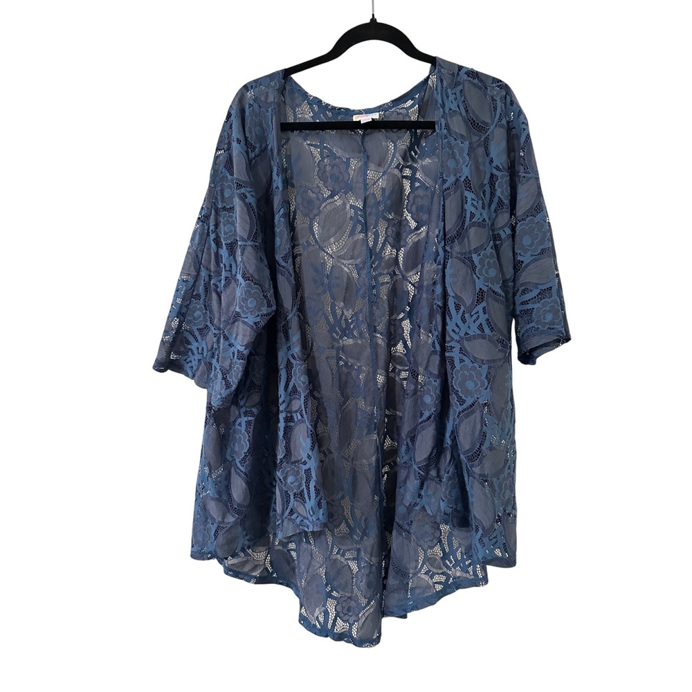LuLaRoe Shirley Kimono Wrap Cardigan Blue Floral Lace‎ Open Front L Woman Boho